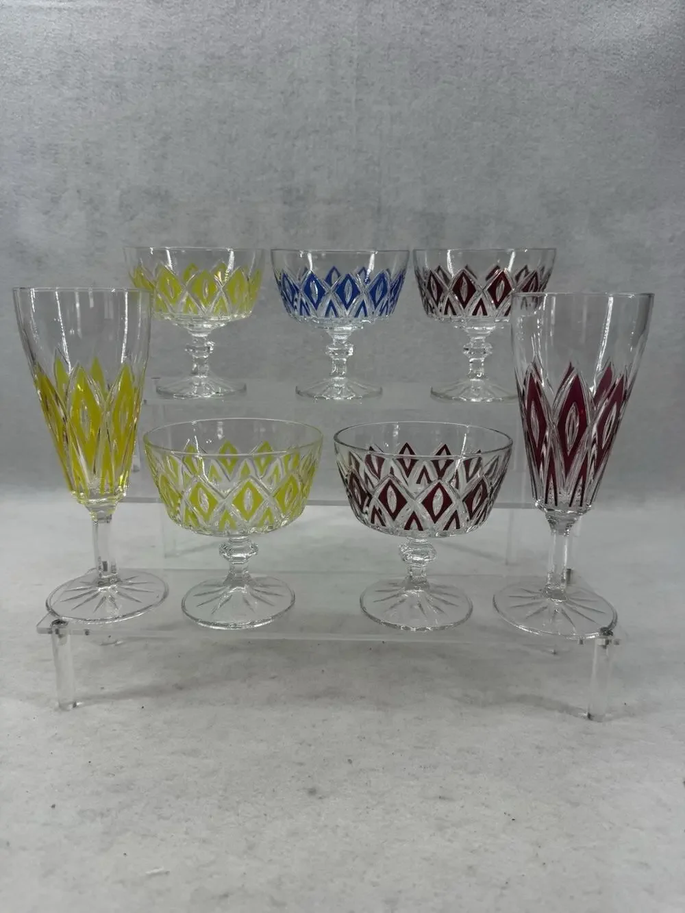 Vintage VMC Reims French Harlequin Crystal Stem Wine Glasses Set of 7 Colors MCM